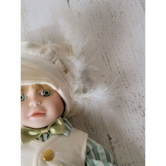 Marian Yu porcelain doll boy white feather hat stripe bow collectible - Picture 6 of 13